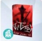 A red poster shows an illustration of an ominous figure with sharp, white Simlish text at the bottom.