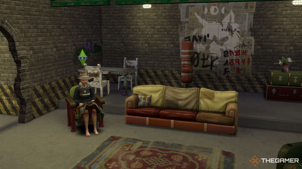 An elder Sim sits in the Secret Werewolf Bunker