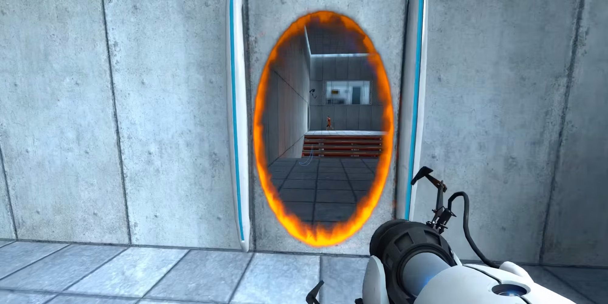 Chell creating an orange door in Portal