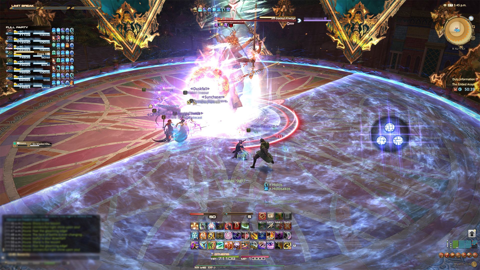 asura's six-bladed khadga attack, slashing six half-circle aoes on the arena