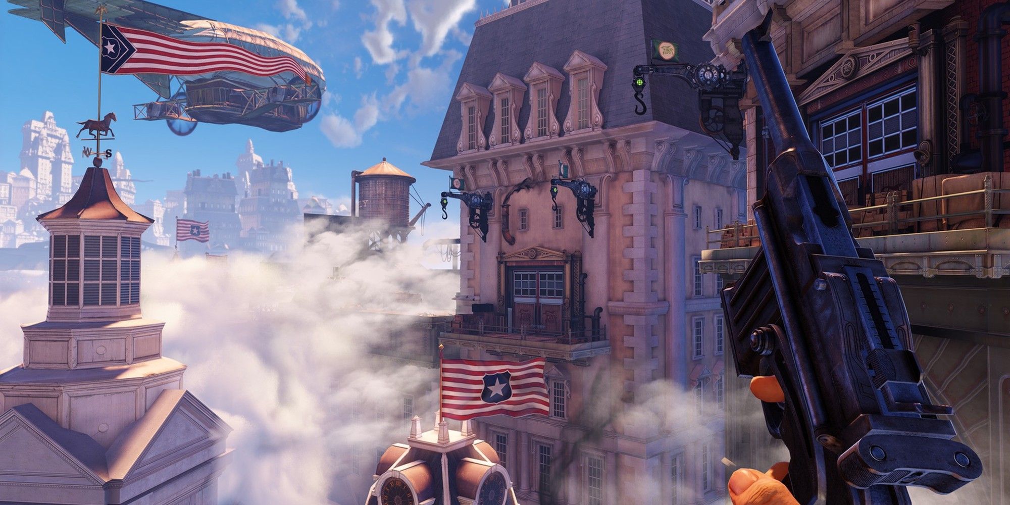 Booker holding a pistol while looking over Columbia's buildings in BioShock Infinite