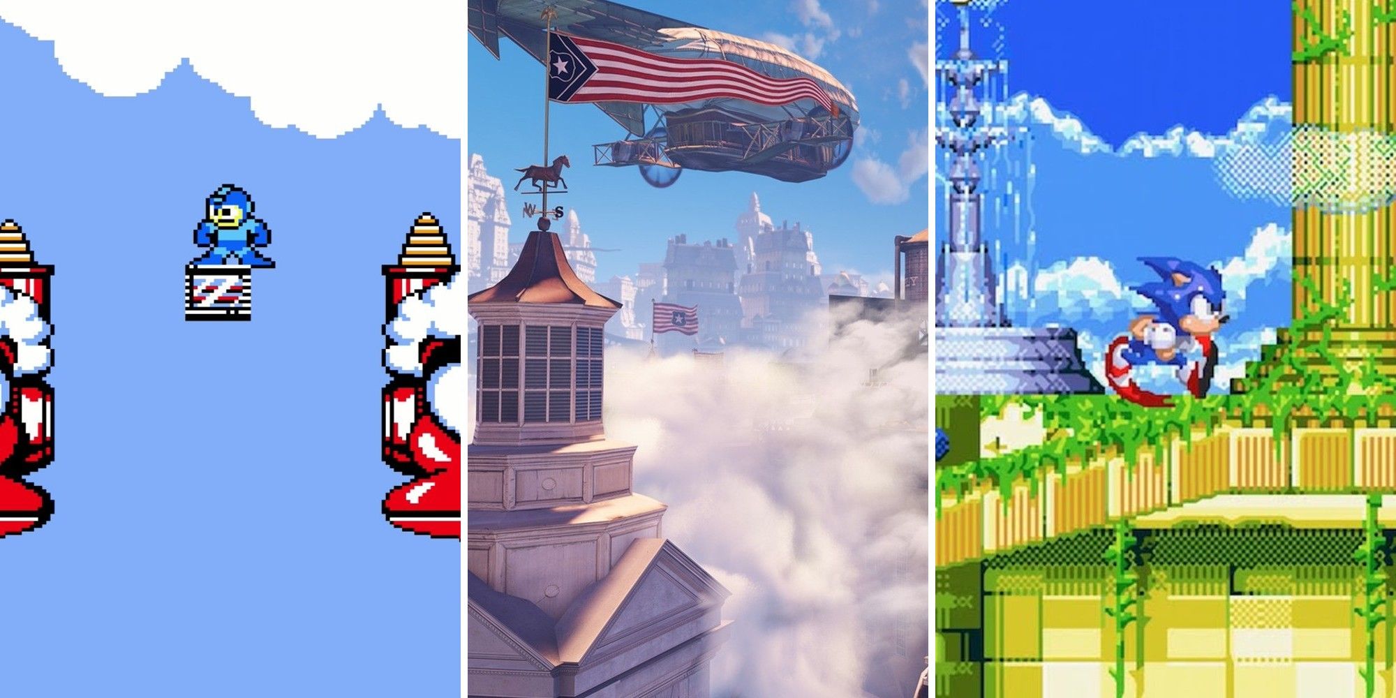 Split image sky levels in Mega Man 2, BioShock Infinite, and Sonic 3 