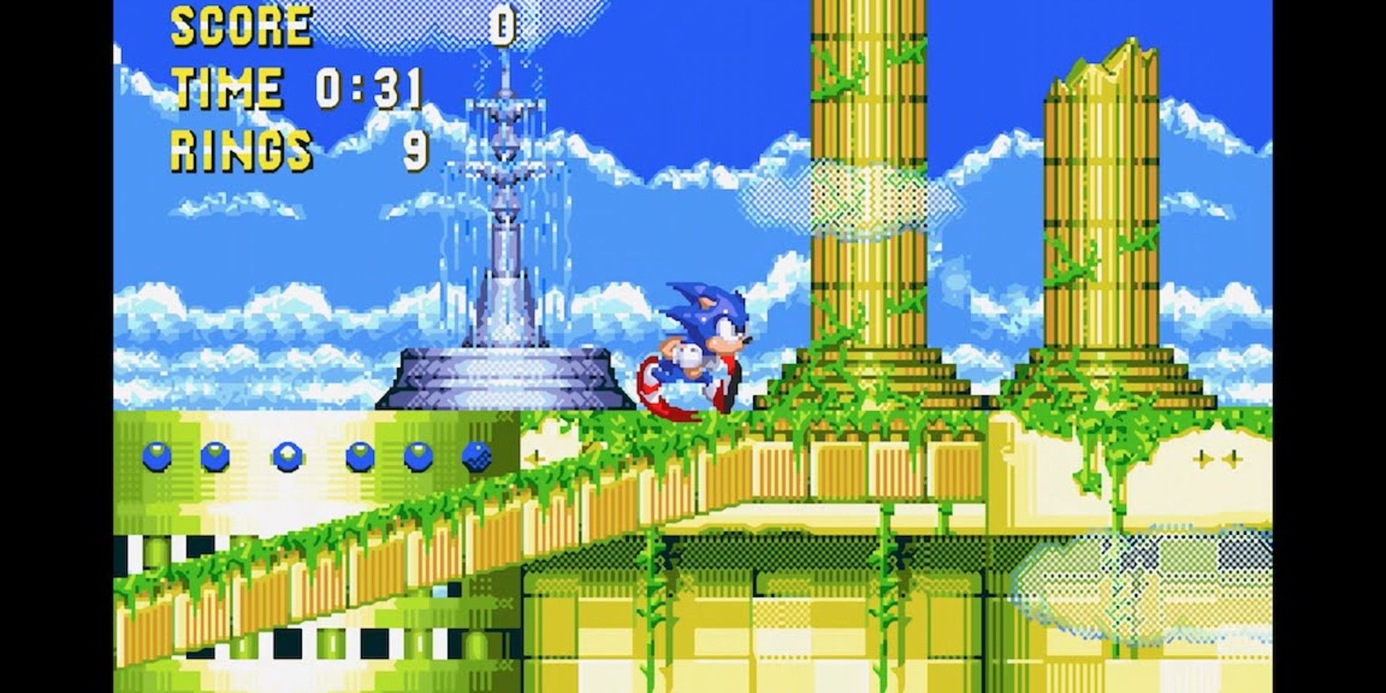 Sonic running past pillars and a fountain in the Sky Sanctuary Zone in Sonic 3 & Knuckles