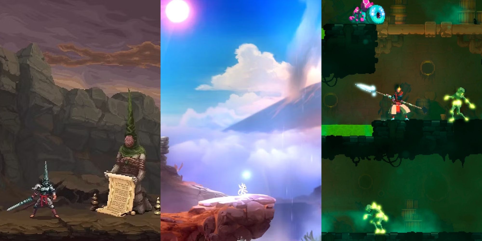 split image meeting a speaker blasphemous, wind valley ori and the blind forest, platforming and fighting enemies dead cells