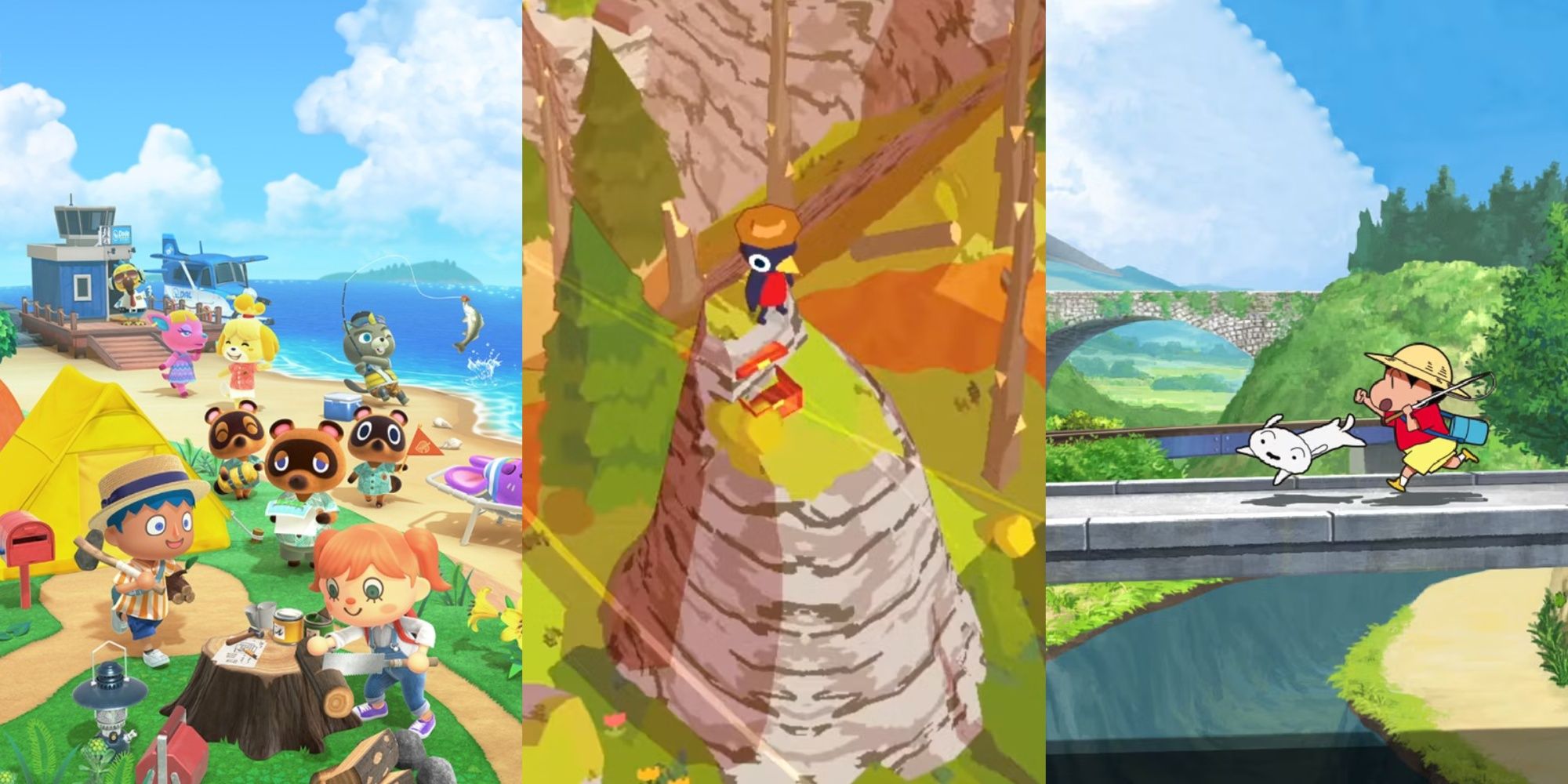 Split image of Animal Crossing New Horizons, A Short Hike, and Shin-Chan Me And The Professor On Summer Vacation – The Endless Seven-Day Journey