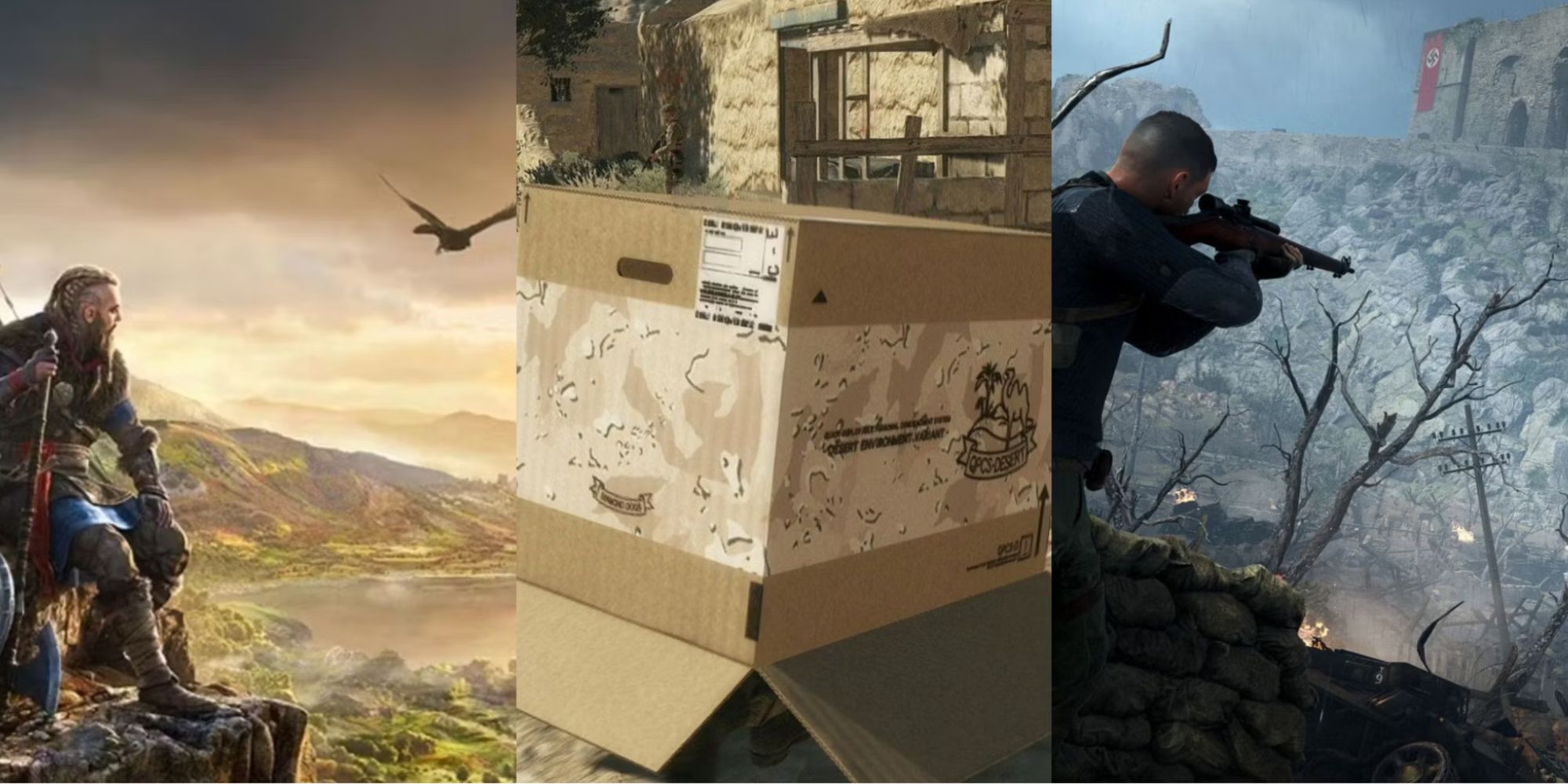 Split image of Assassin's Creed Valhalla, Metal Gear Solid 5, and Sniper Elite