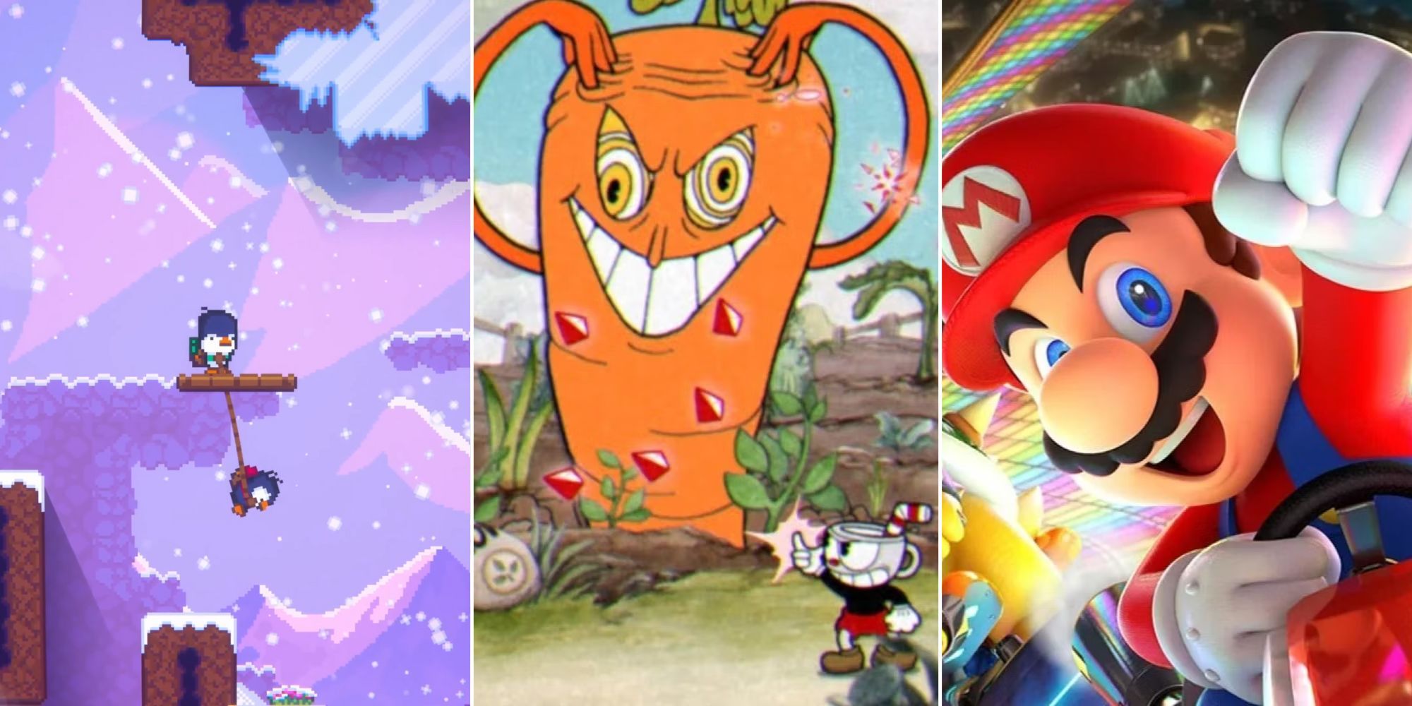 Split image of Bread and Fred, Cuphead, and Mario Kart