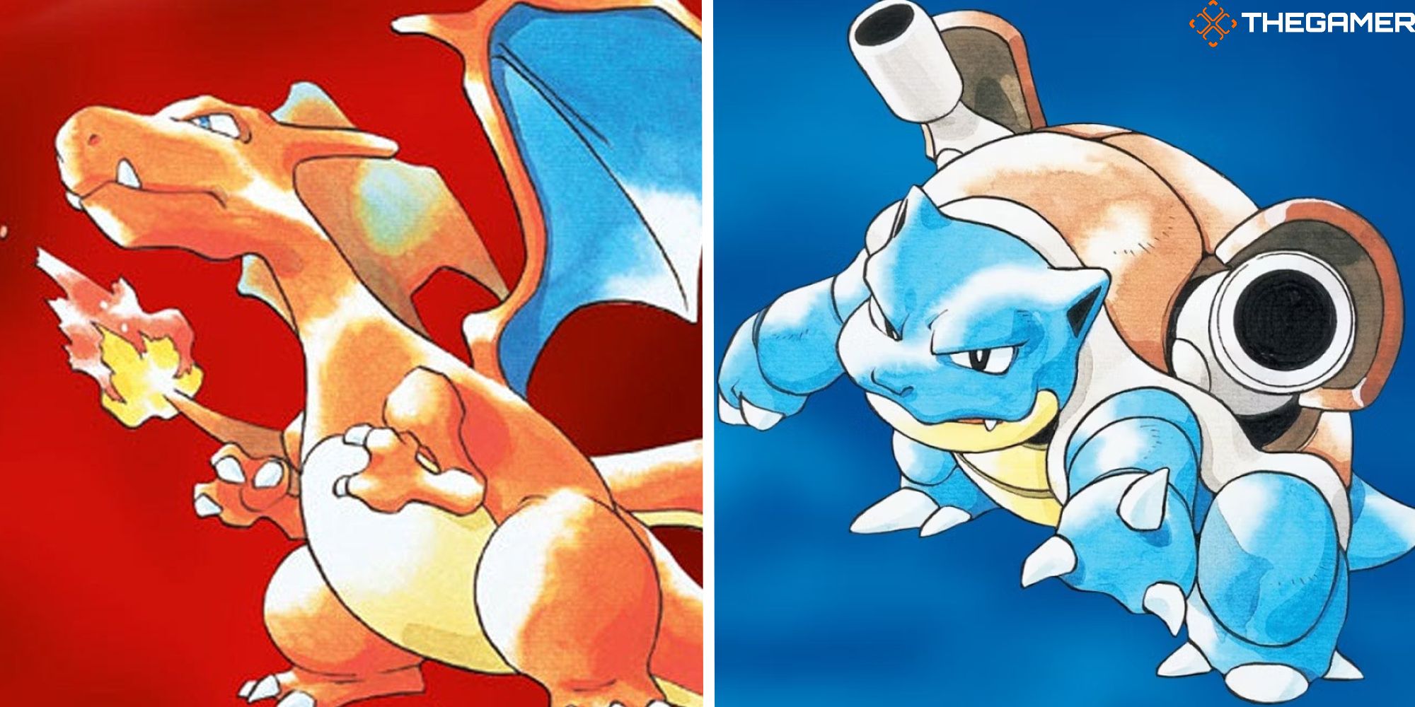 geteiltes Bild, das Glurak und Blastoise für die rote und blaue Veröffentlichung für Pokémon zeigt