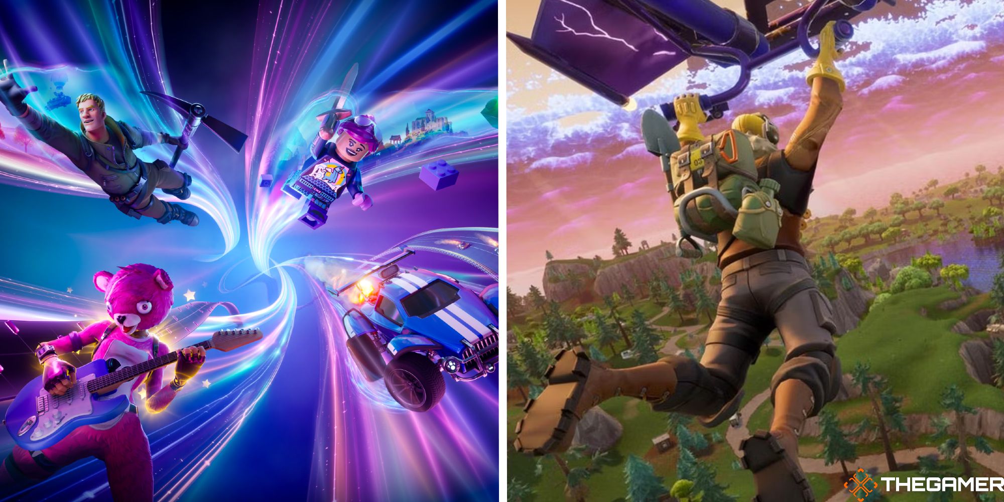Split image showing Fortnite promotional image next to image of player gliding into battle royale island.