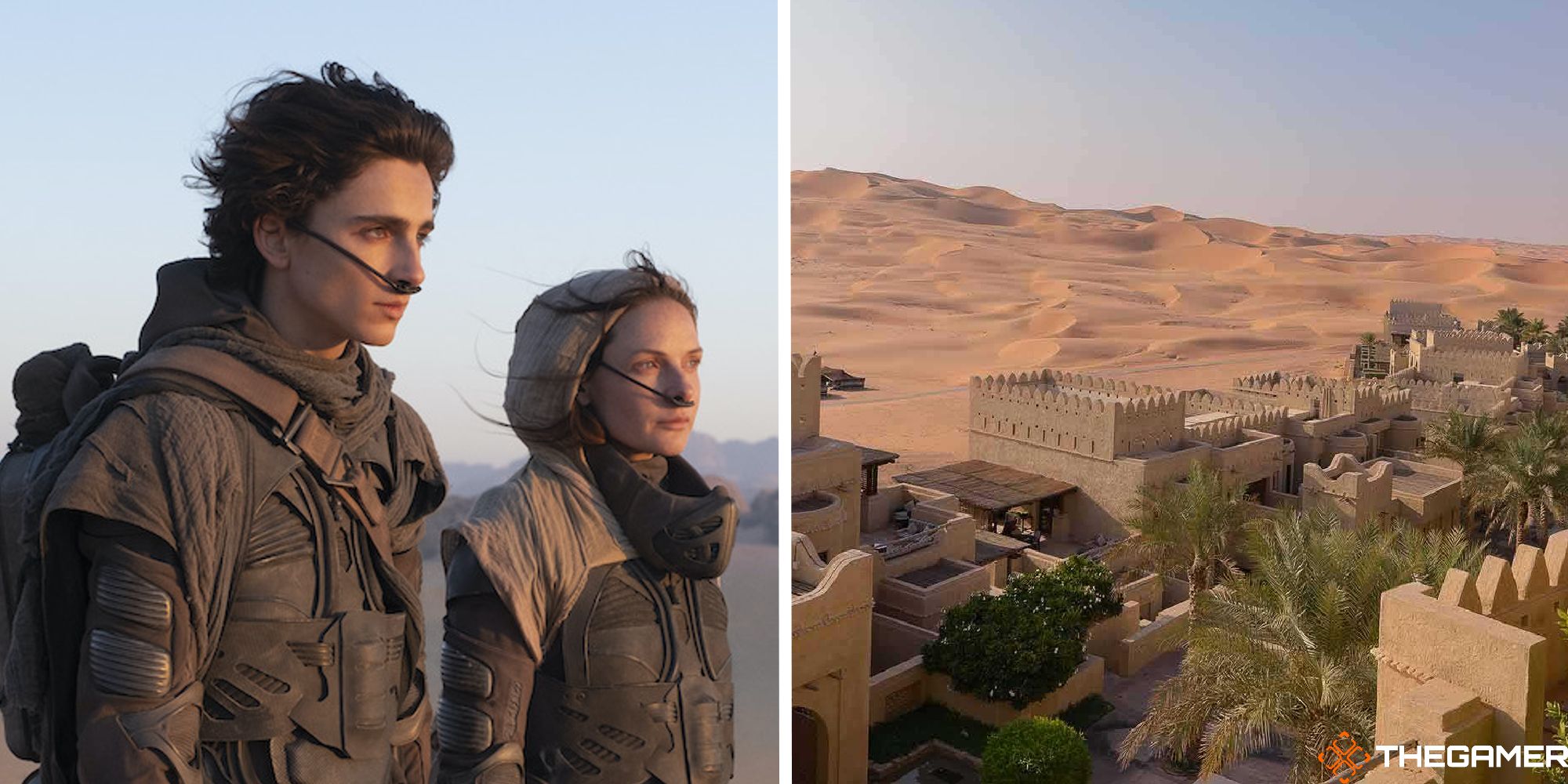 split image showing screenshot of dune next to image of liwa oasis in UAE