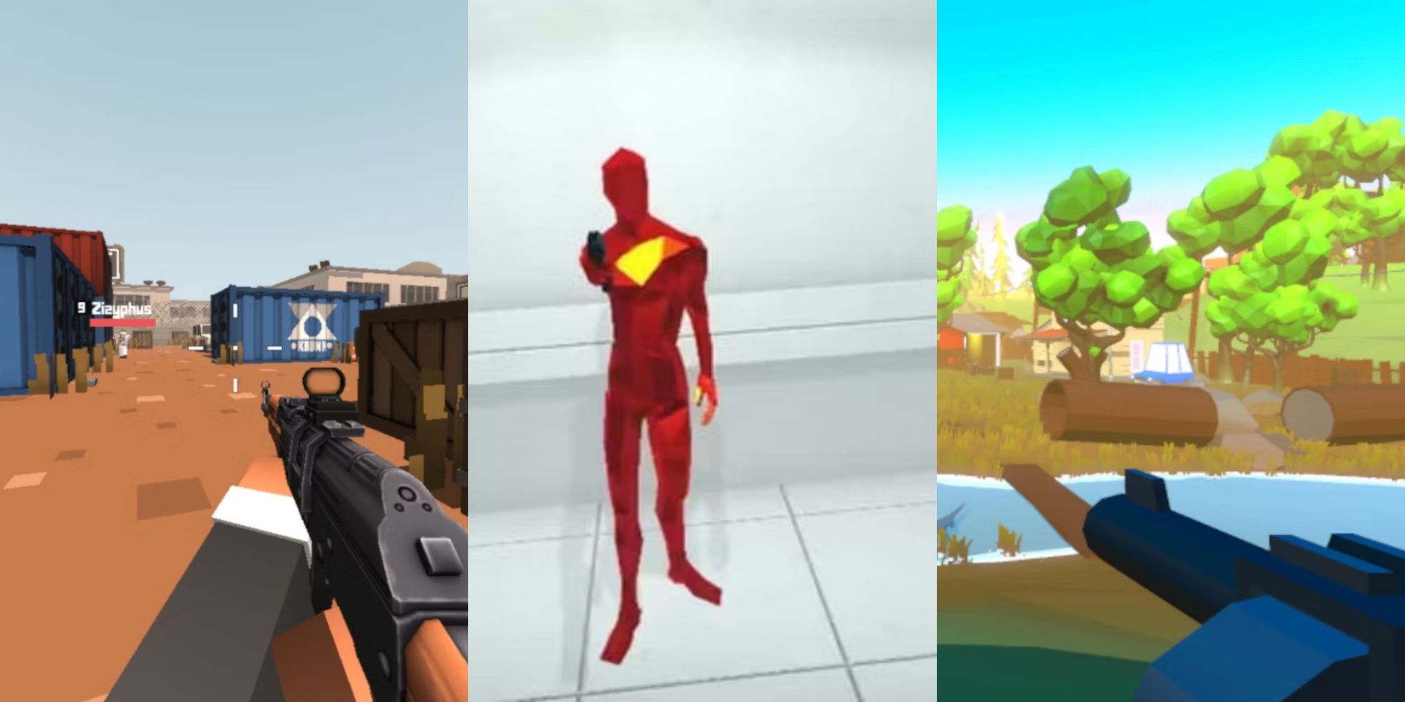 Split images of Krunker IO, Superhot, and Bullet Bonanza