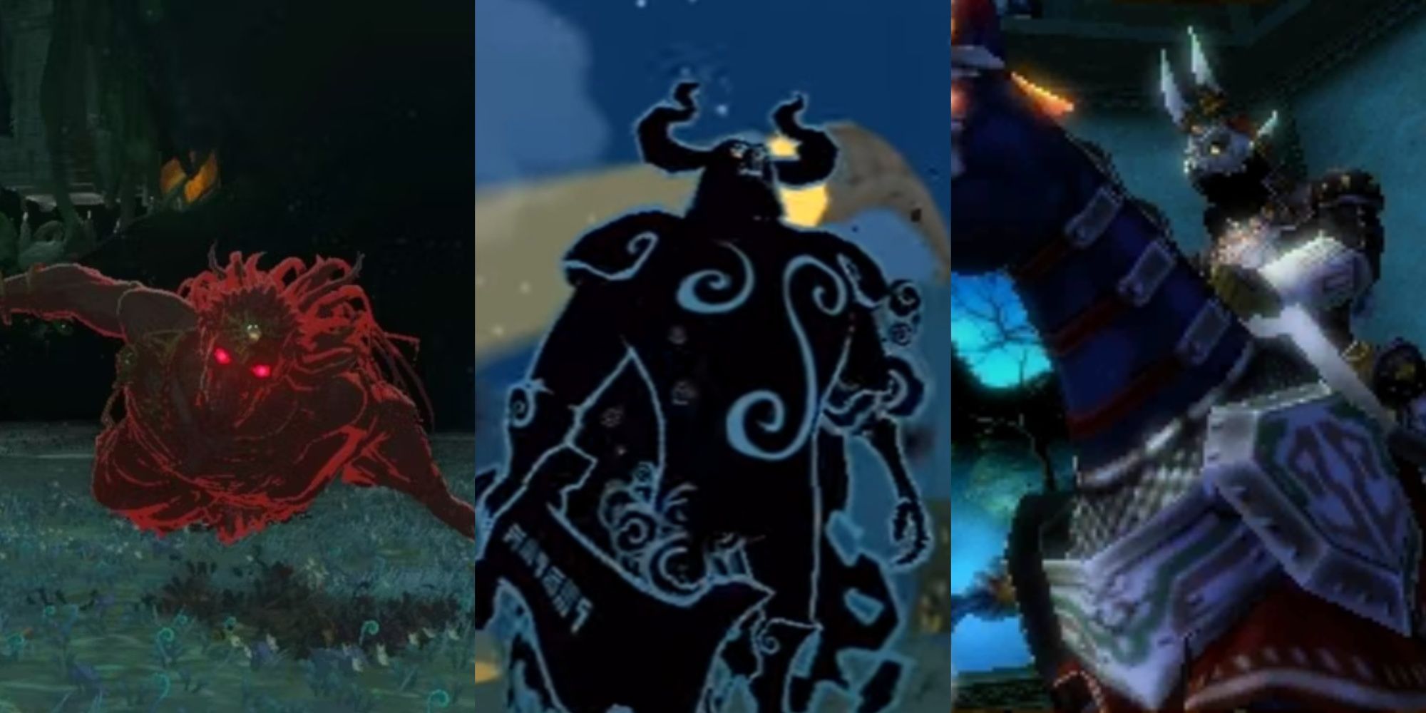 Split images of Phantom Ganon in Tears of the Kingdom, The Wind Waker, and Ocarina of Time.