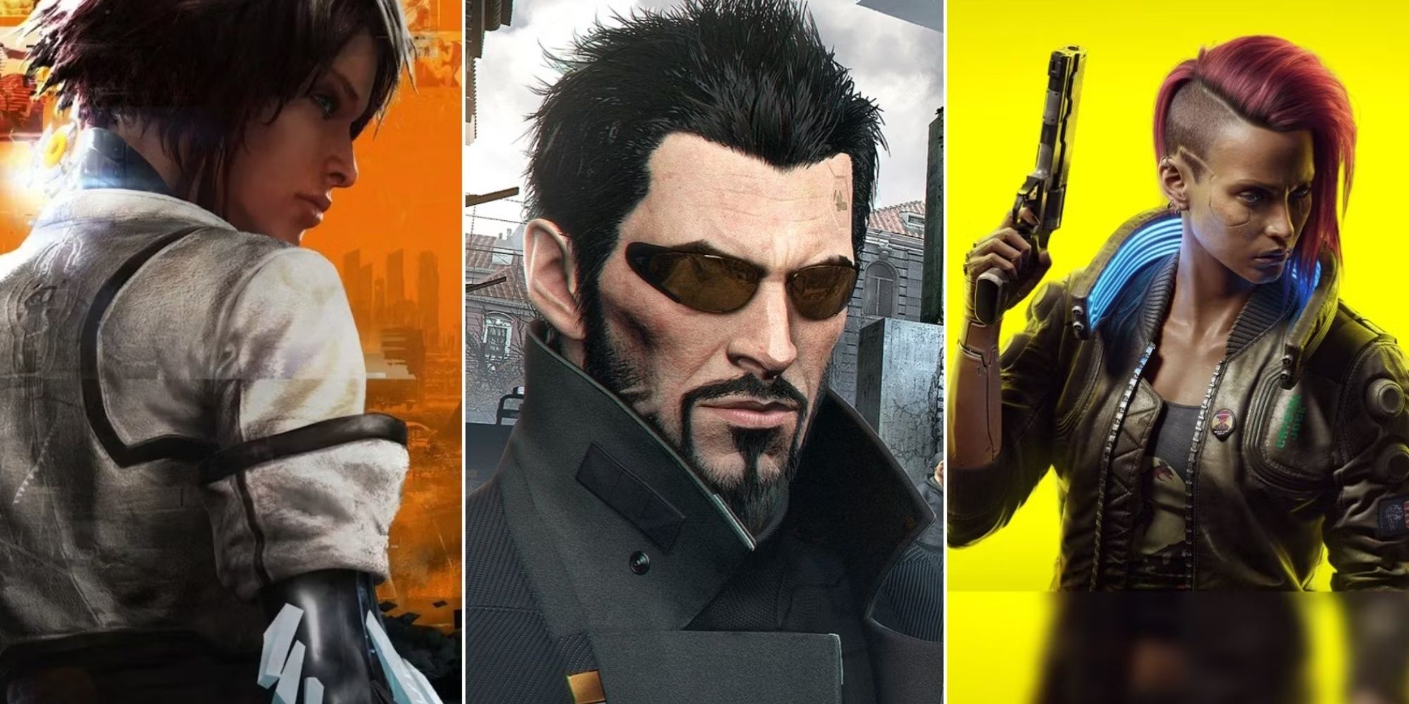 Split images of Remember Me, Deux Ex Mankind, and Cyberpunk 2077