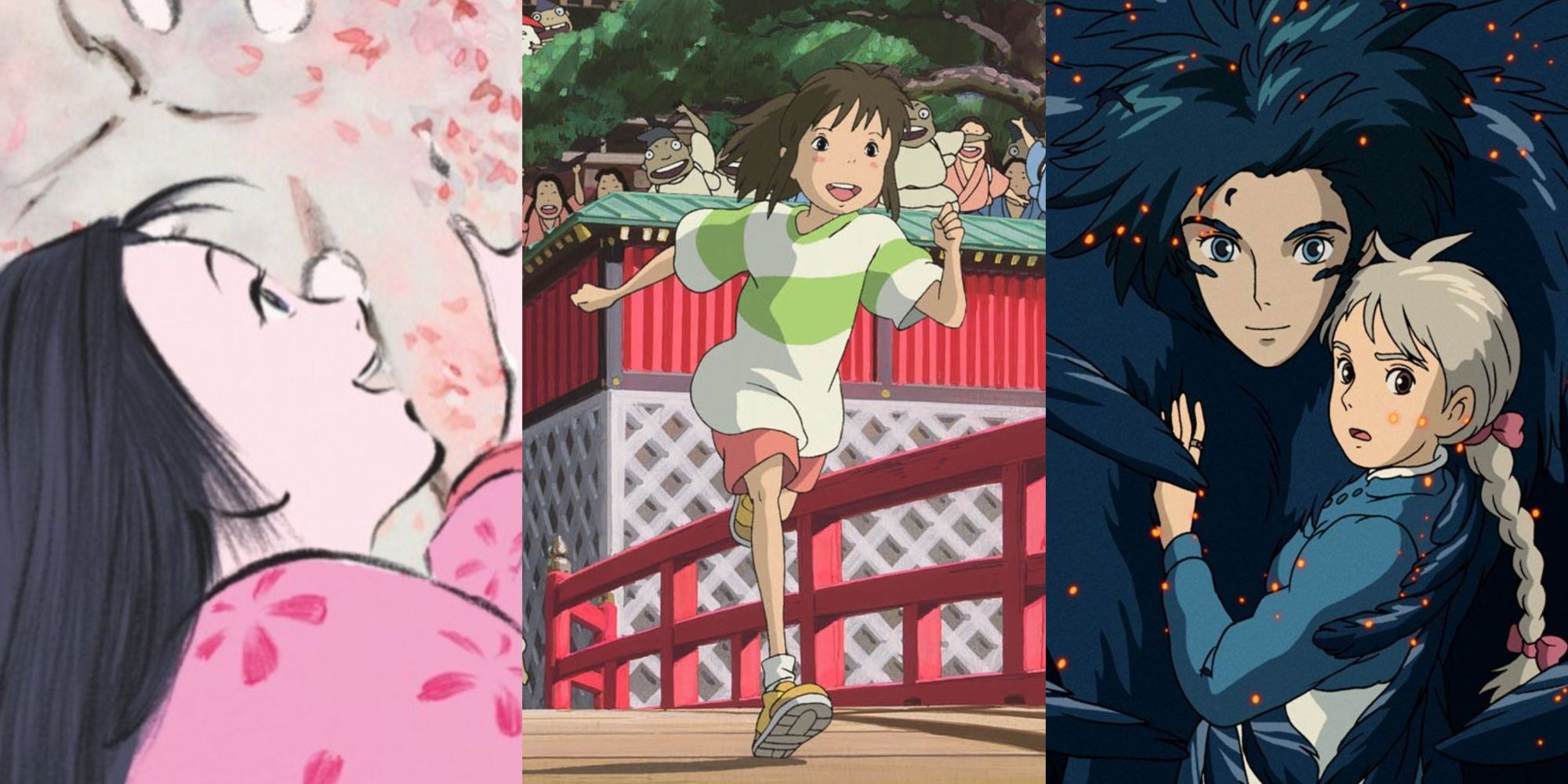 Split images of the Tale of the Princess Kaguya, Spirited Away, and Howl's Moving Castle