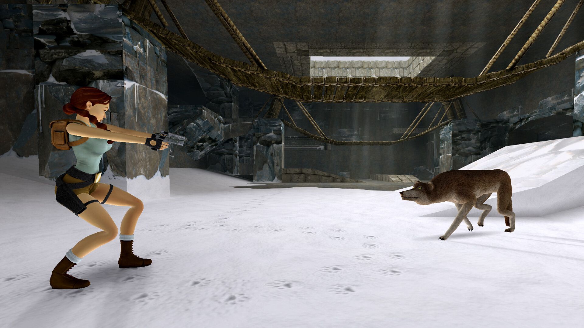 Tomb Raider Remastered – Lara Croft ist dabei, einen Hund zu erschießen. 