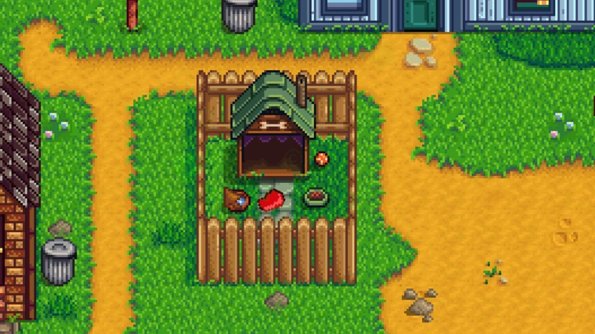 stardew valley dog house after cleaned up by trash bear