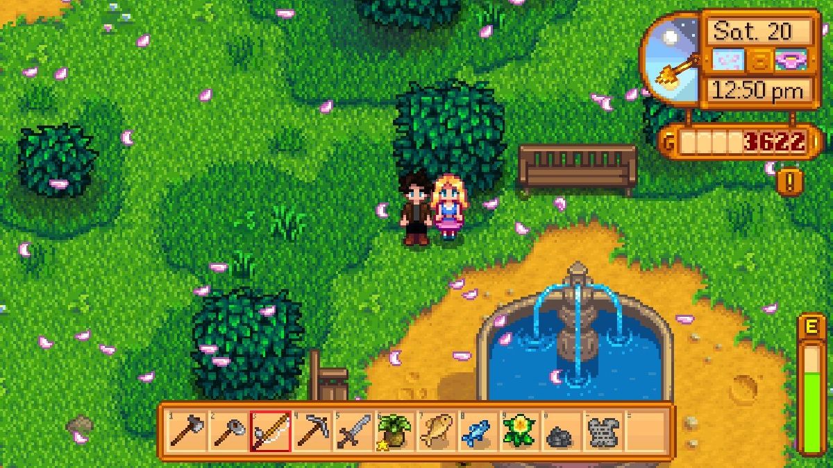 stardew valley haley at town fountain with player