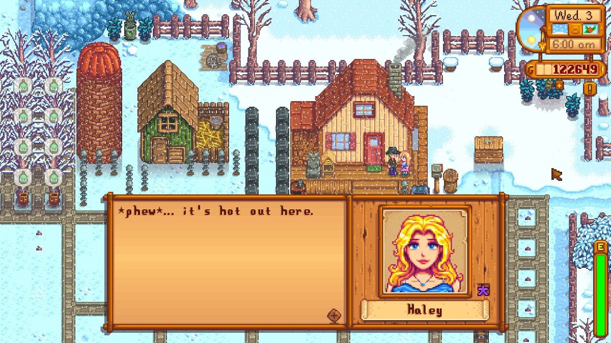 stardew valley haley outside in snow saying that it's hot