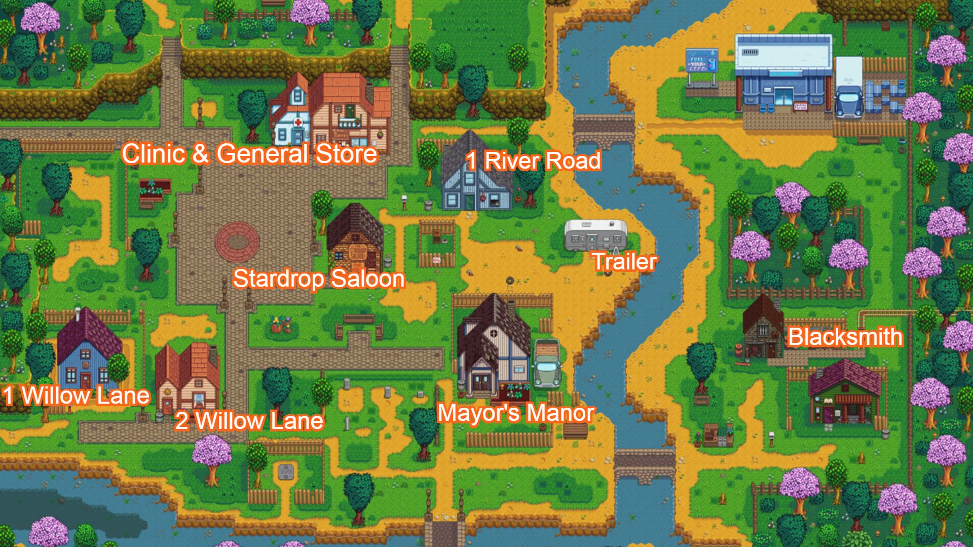 Stardew Valley-Karte von Pelican Town mit hervorgehobenen Orten