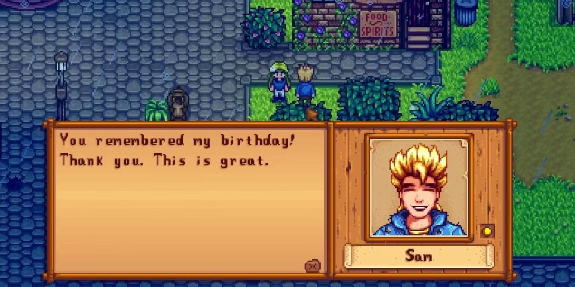 stardew valley player giving sam a gift he loves