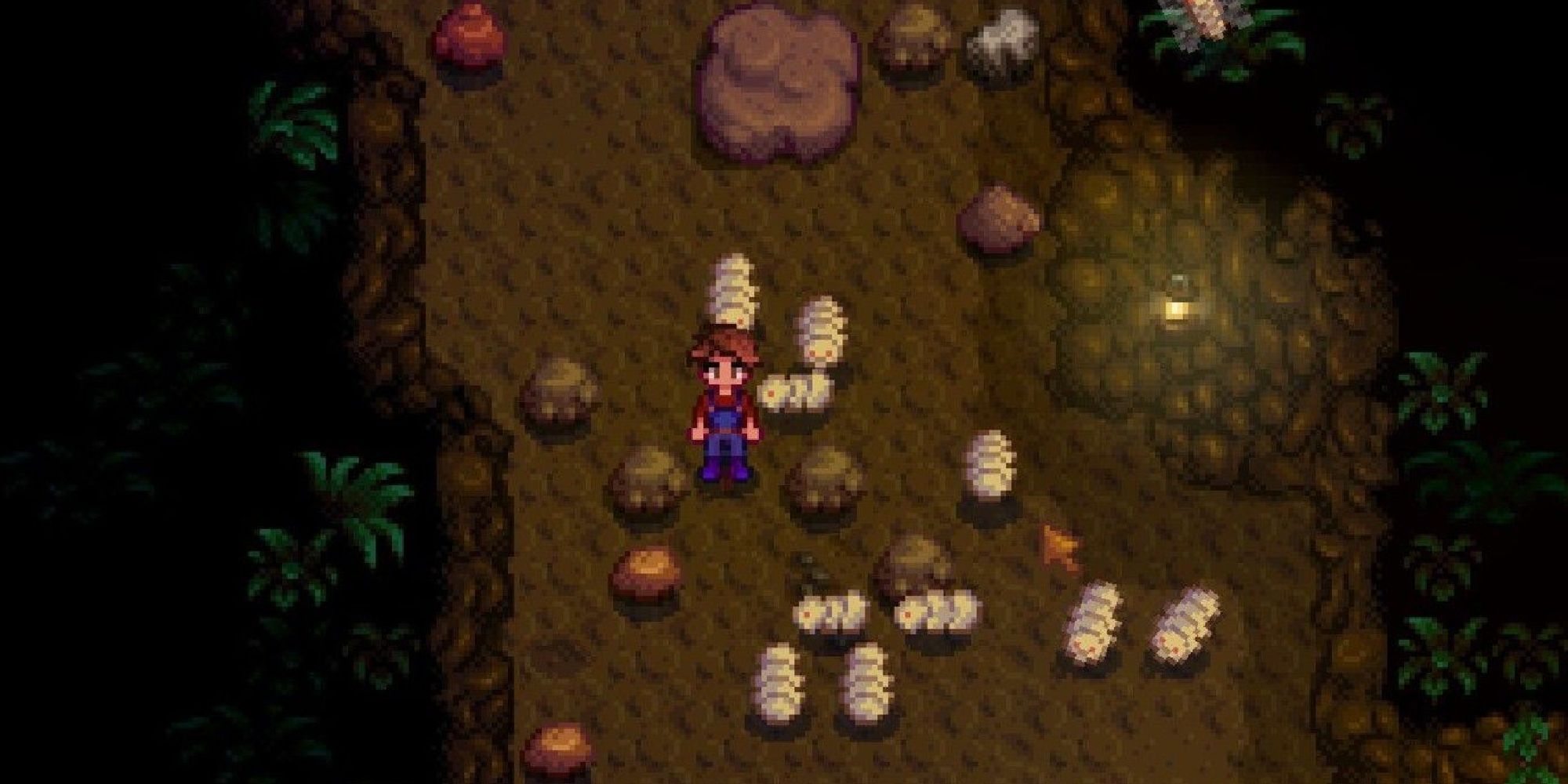stardew valley player standing next to grubs in a cave