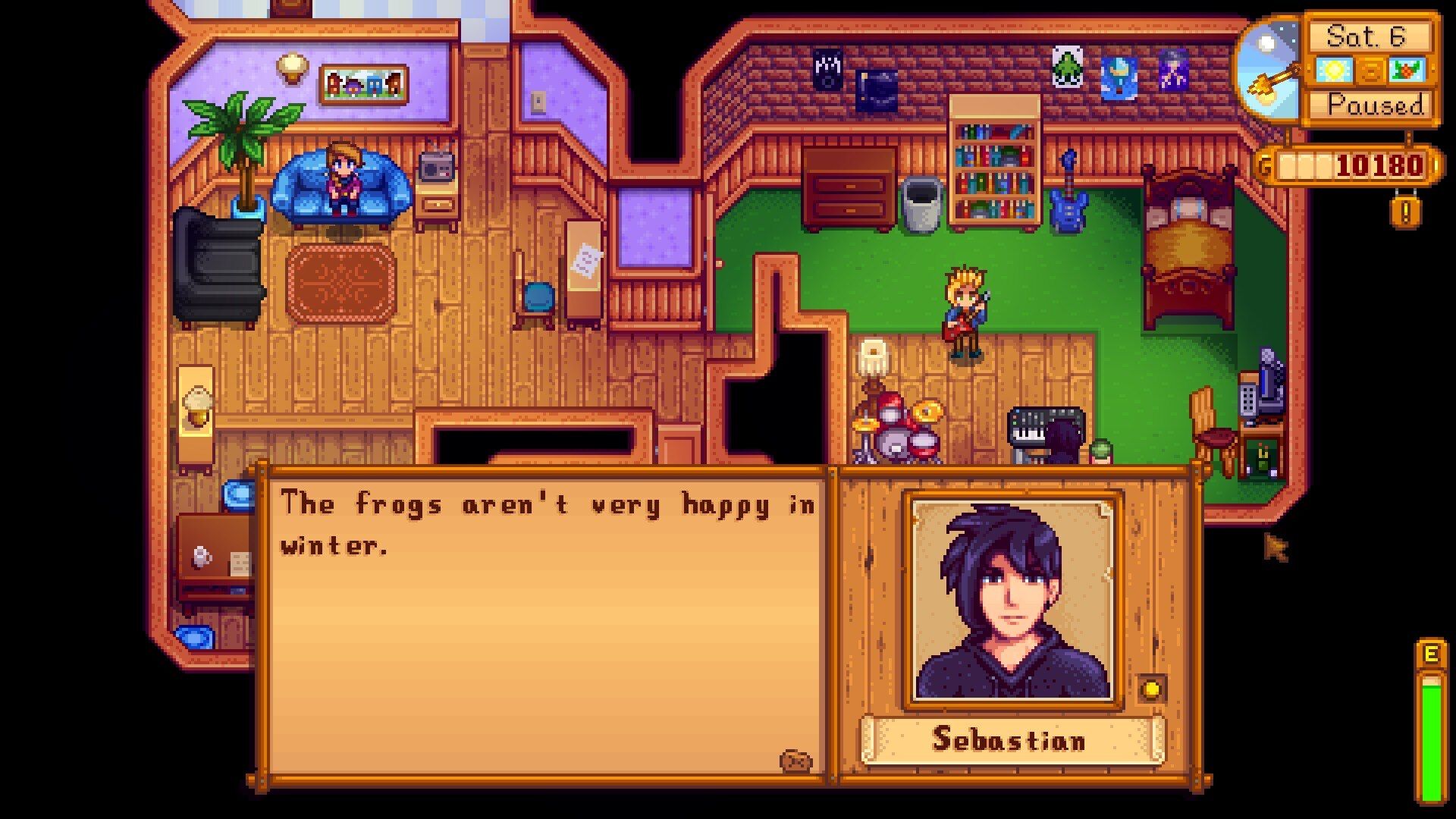 stardew valley player talking to sebastian in sams room while their band is practicing