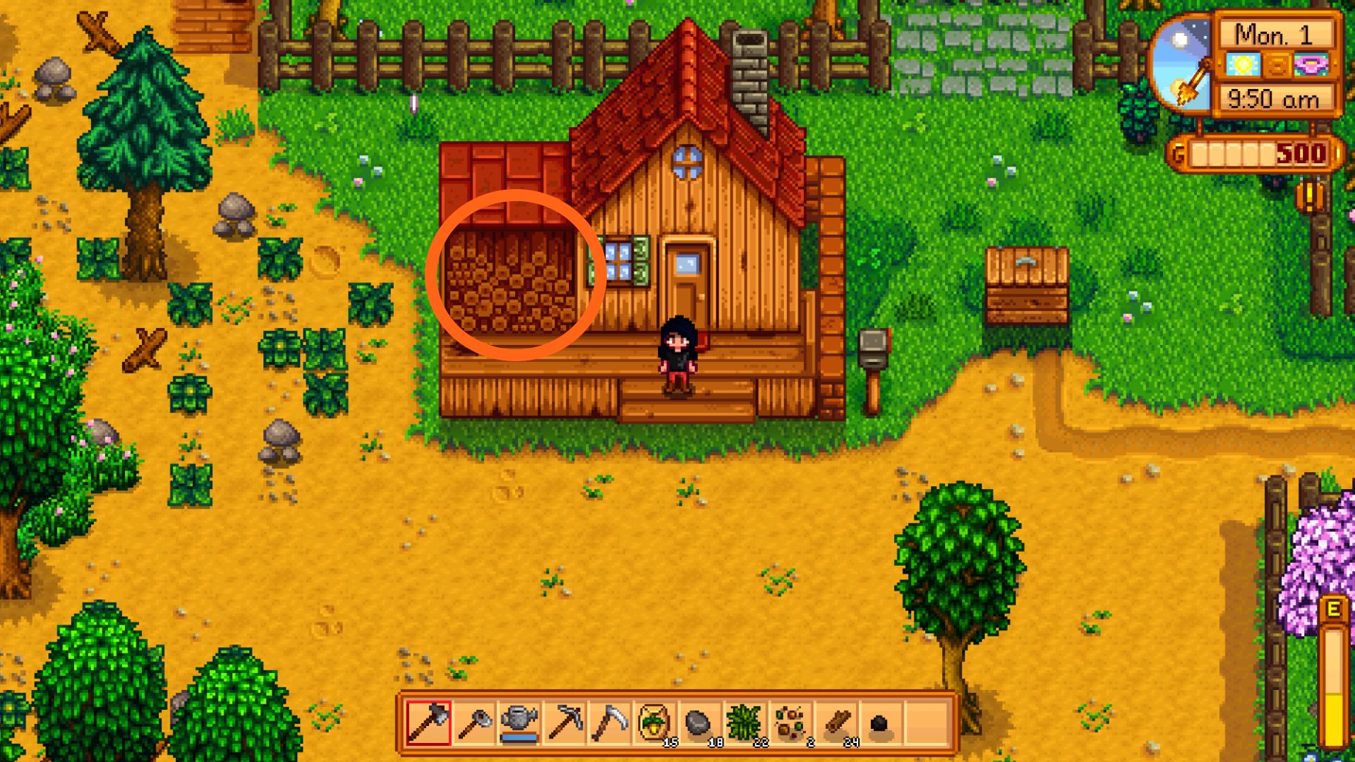 stardew valley wood in front of farmhouse circled