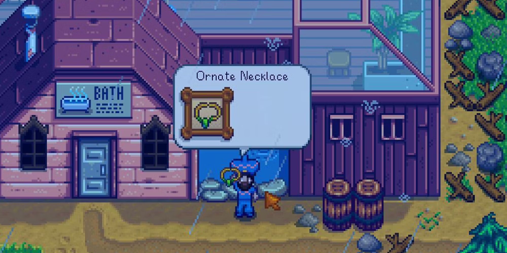 stardew vlaley player holding necklace outside of spa