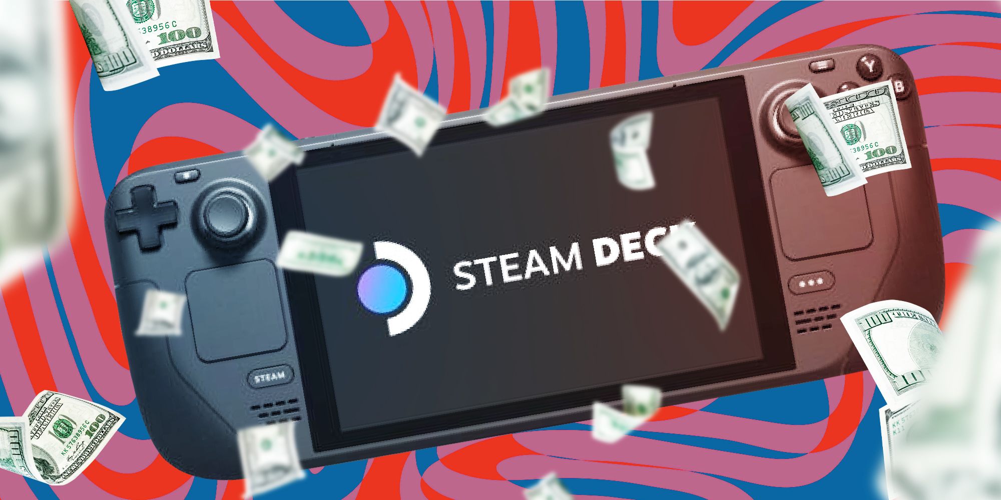 The Steam Deck OLED on a squiggly red, blue and purple background, with dollar bills raining down around it