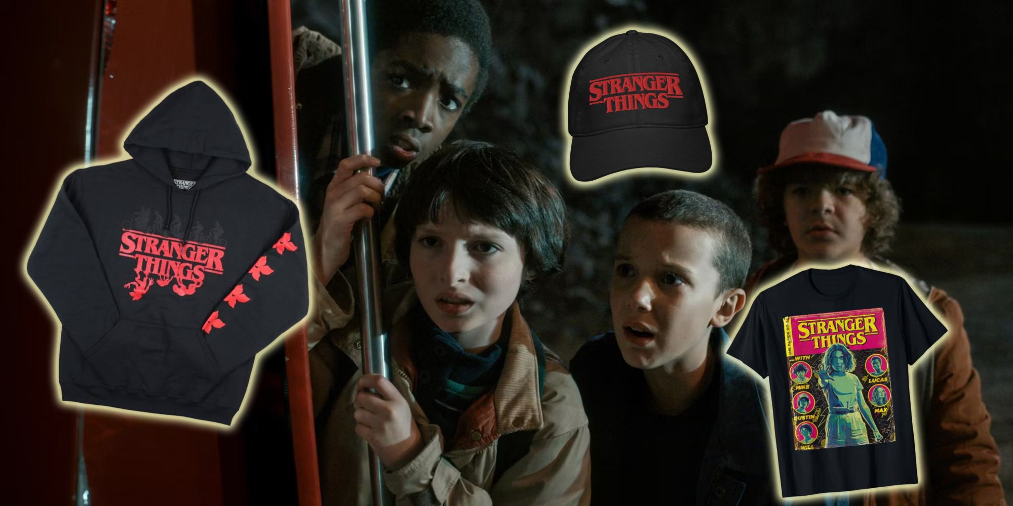Young cast of Stranger Things with three pieces of apparel overlaid on the image.