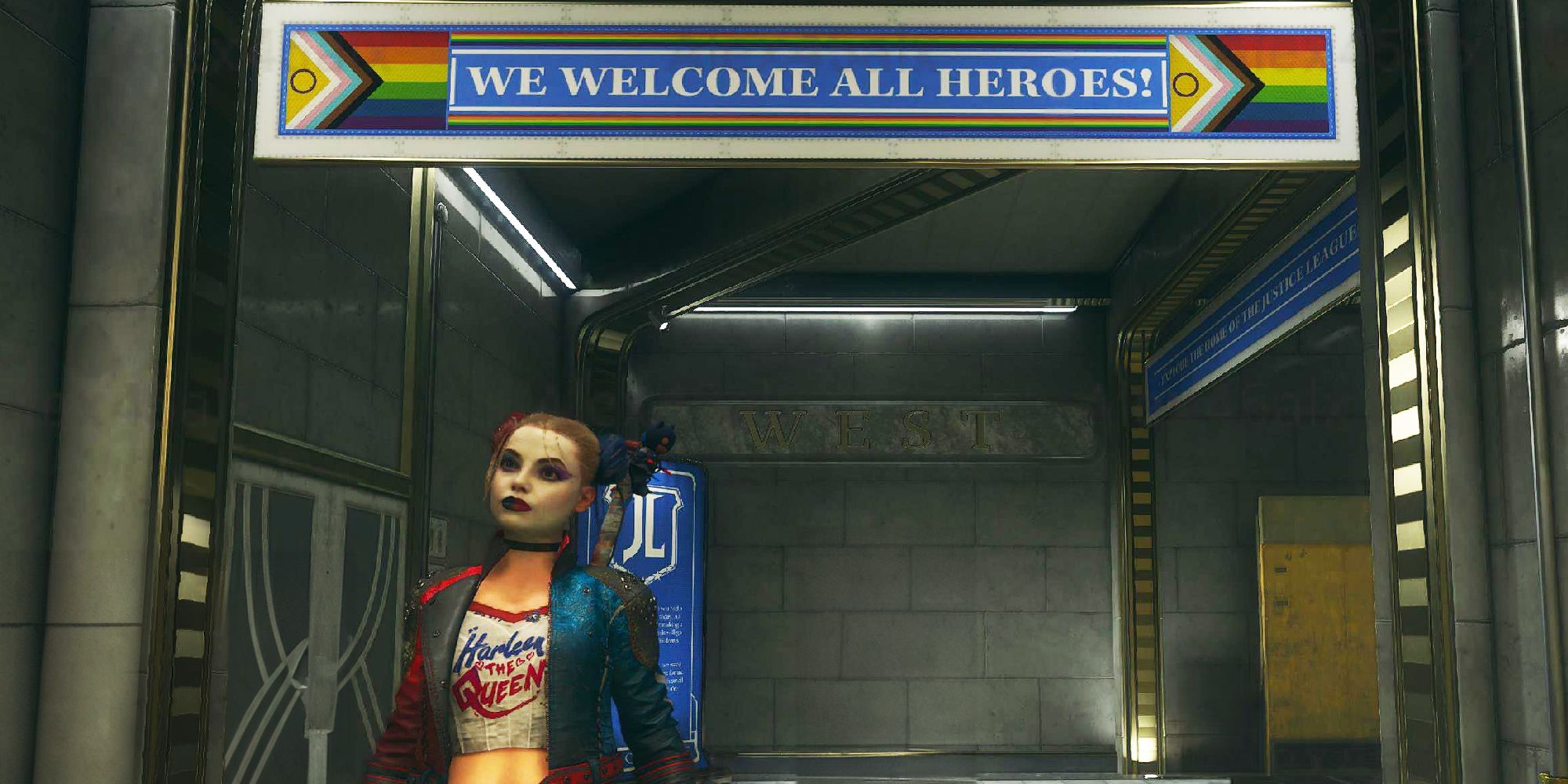 suicide-squad-kill-the-justice-league-harley-walking-through-the-justice-hall-with-a-sign-adorned-by-lgbt-flags-above-saying-we-welcome-all-heroes.jpg
