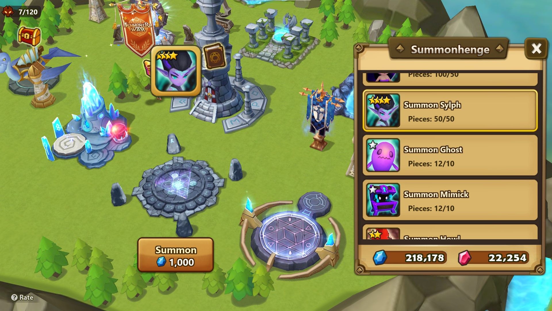 Summoner&rsquo;s War summoning circle menu showing available monster pieces on the right-hand side.