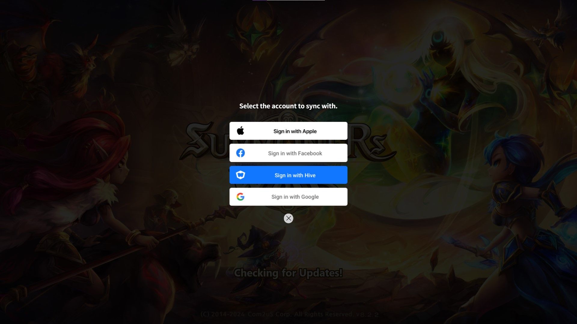 Summoner&rsquo;s War Sky Arena login screen showing the different ways accounts can be synced to prevent loss of data.