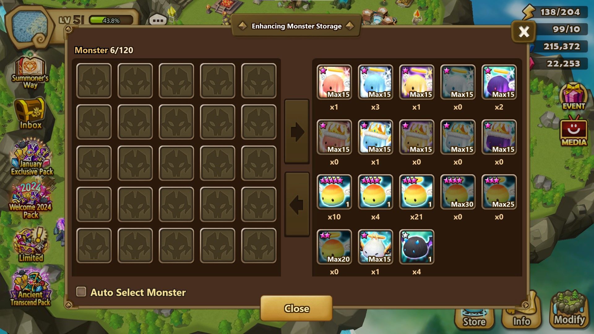 Summoner&rsquo;s War Sky Arena enhancing monster storage interface showing many different types of angelmon, rainbowmon, and a devilmon. All are used in improving summoned monsters.