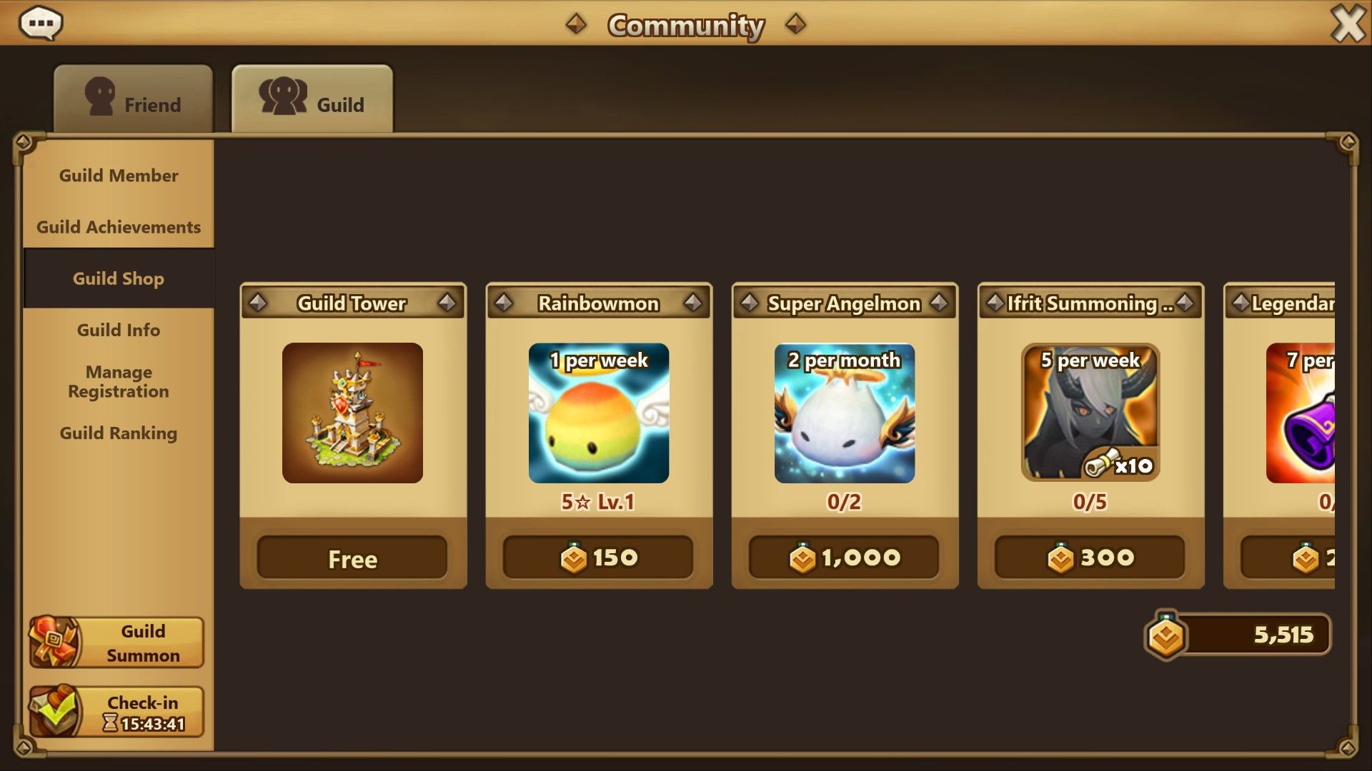 Summoner&rsquo;s War Sky Arena shop window for guild-specific purchases.