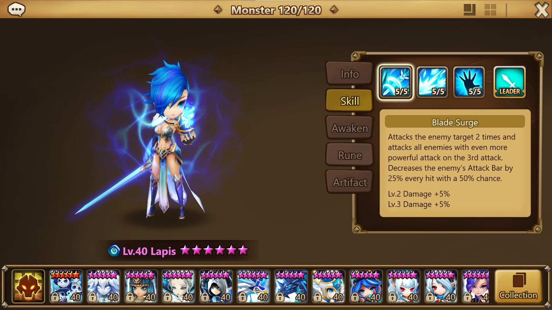 Summoner&rsquo;s War Sky Arena awaked monster Lapis with the skills tab displayed.