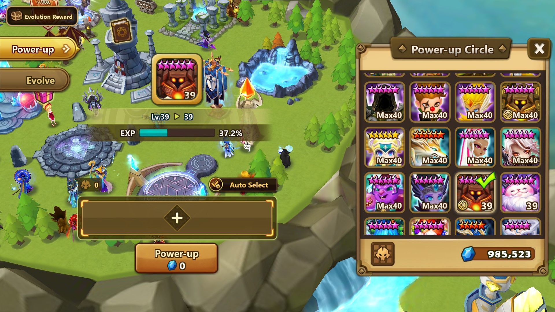 Summoner&rsquo;s War Sky Arena with the power-up circle interface showing the monster inventory.