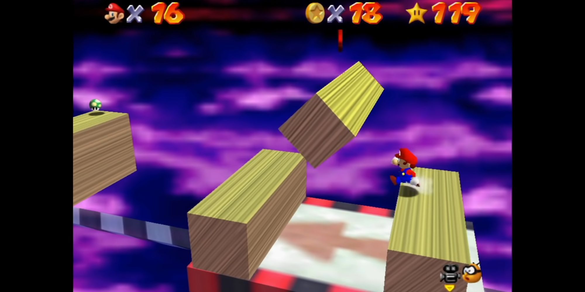 Super Mario 64 Mario rennt auf eine Gruppe hölzerner Plattformen zu