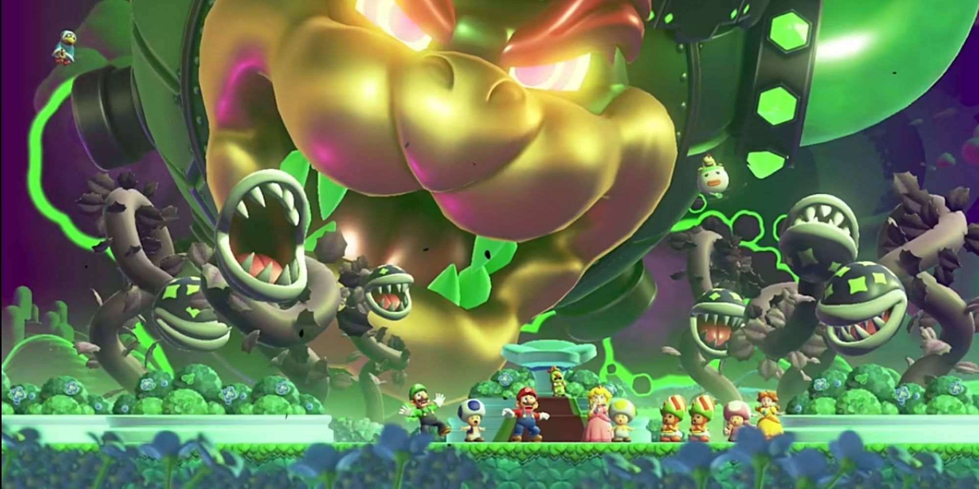 Super Mario Bros-Charaktere sehen überrascht aus, während im Hintergrund böse Feinde auftauchen
