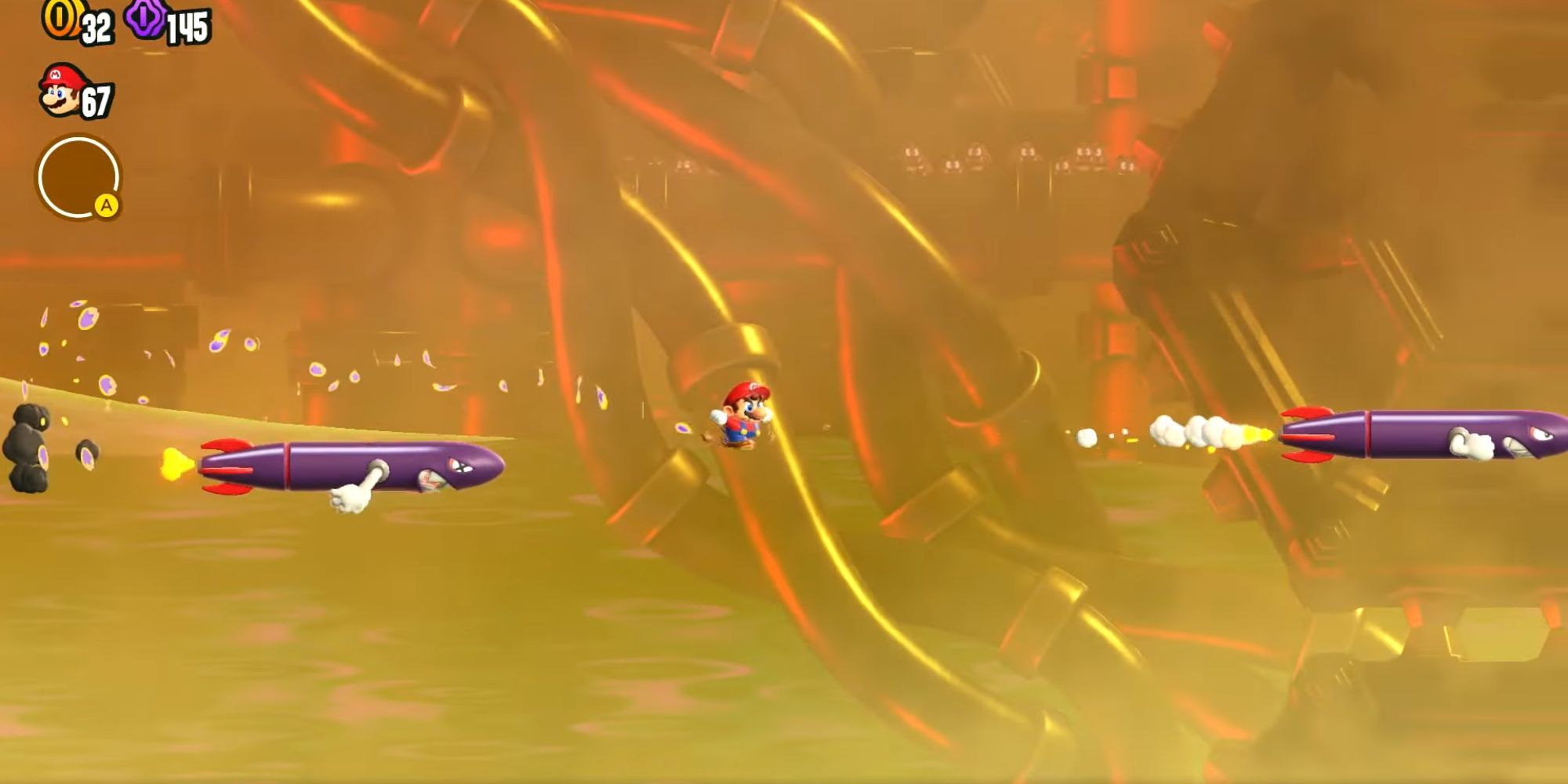 Mario rennt in Super Mario Bros. Wonder zwischen ein paar Missile Megs