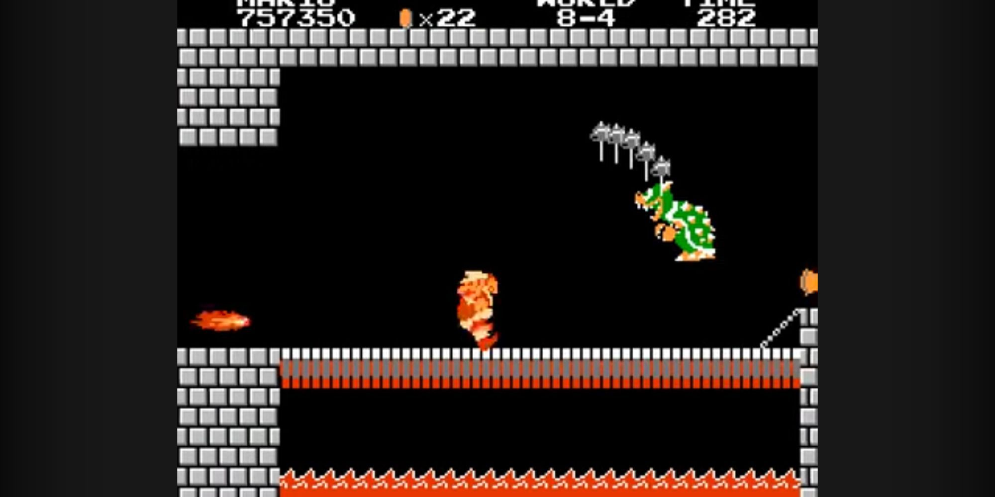 Super Mario Bros. Mario rennt weg, als Bowser Äxte auf ihn wirft