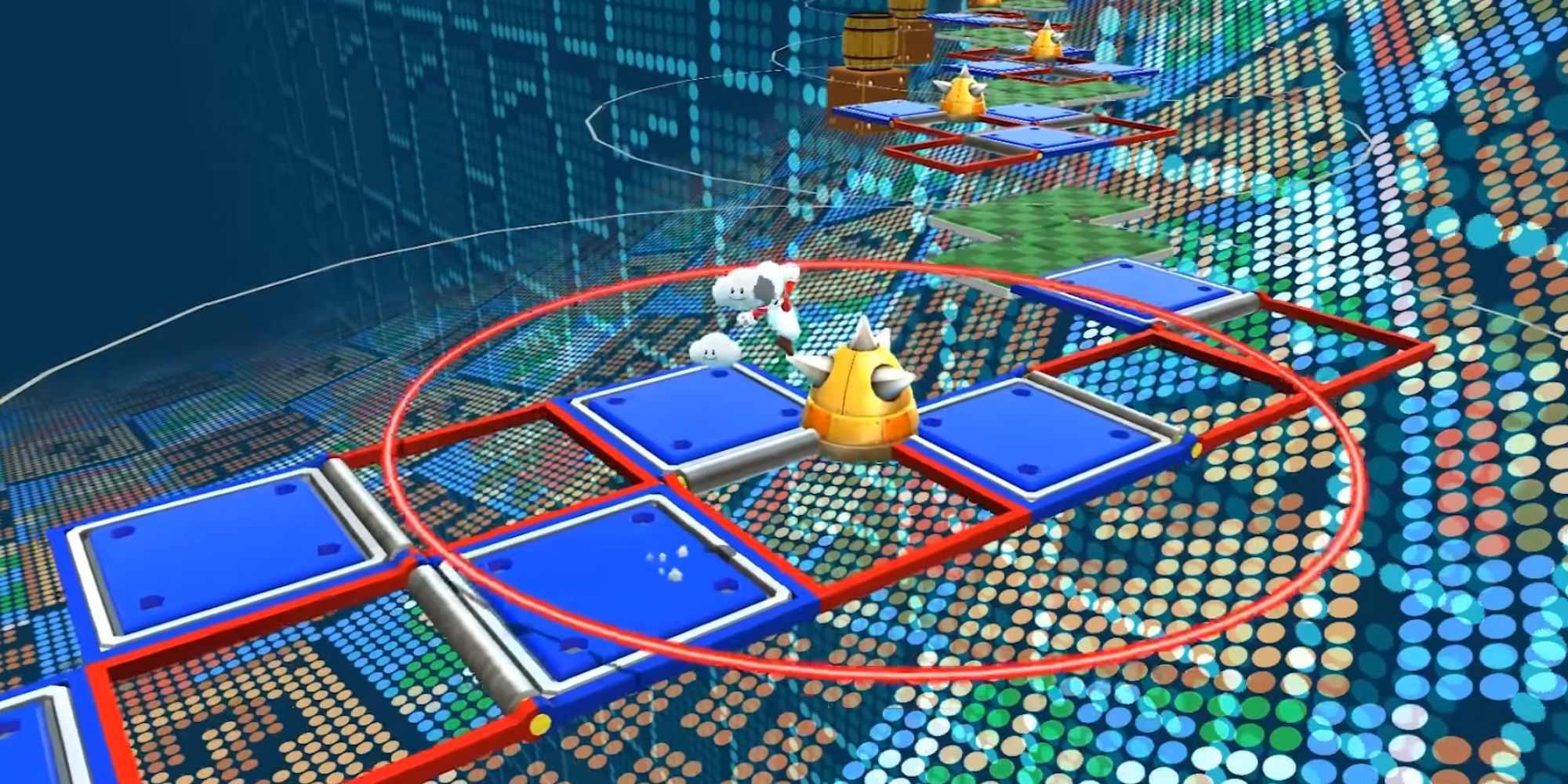 Cloud Mario springt über einen feindlichen Angriff hinweg, während er in Super Mario Galaxy 2 zwischen Plattformen hüpft