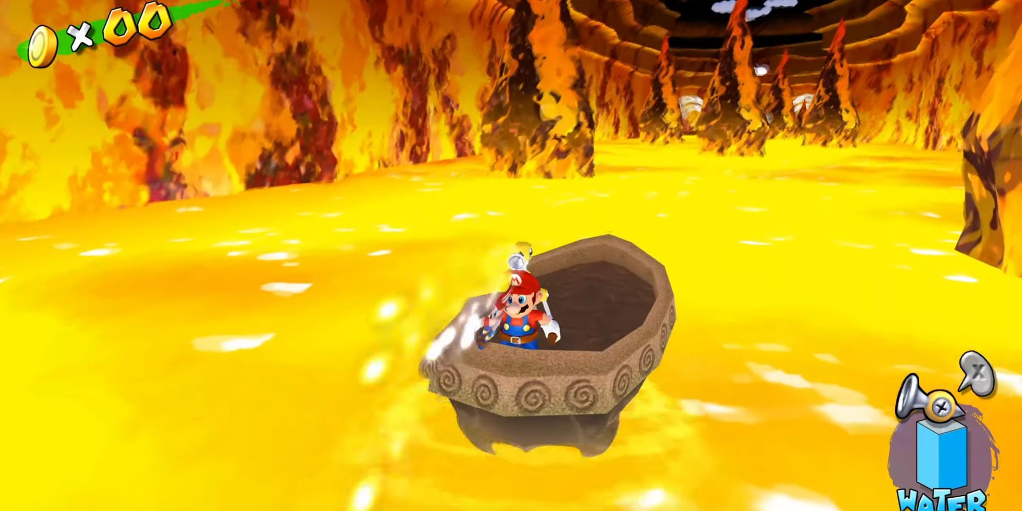 Mario nutzt FLUDD, um ein Boot über Lava zu rudern