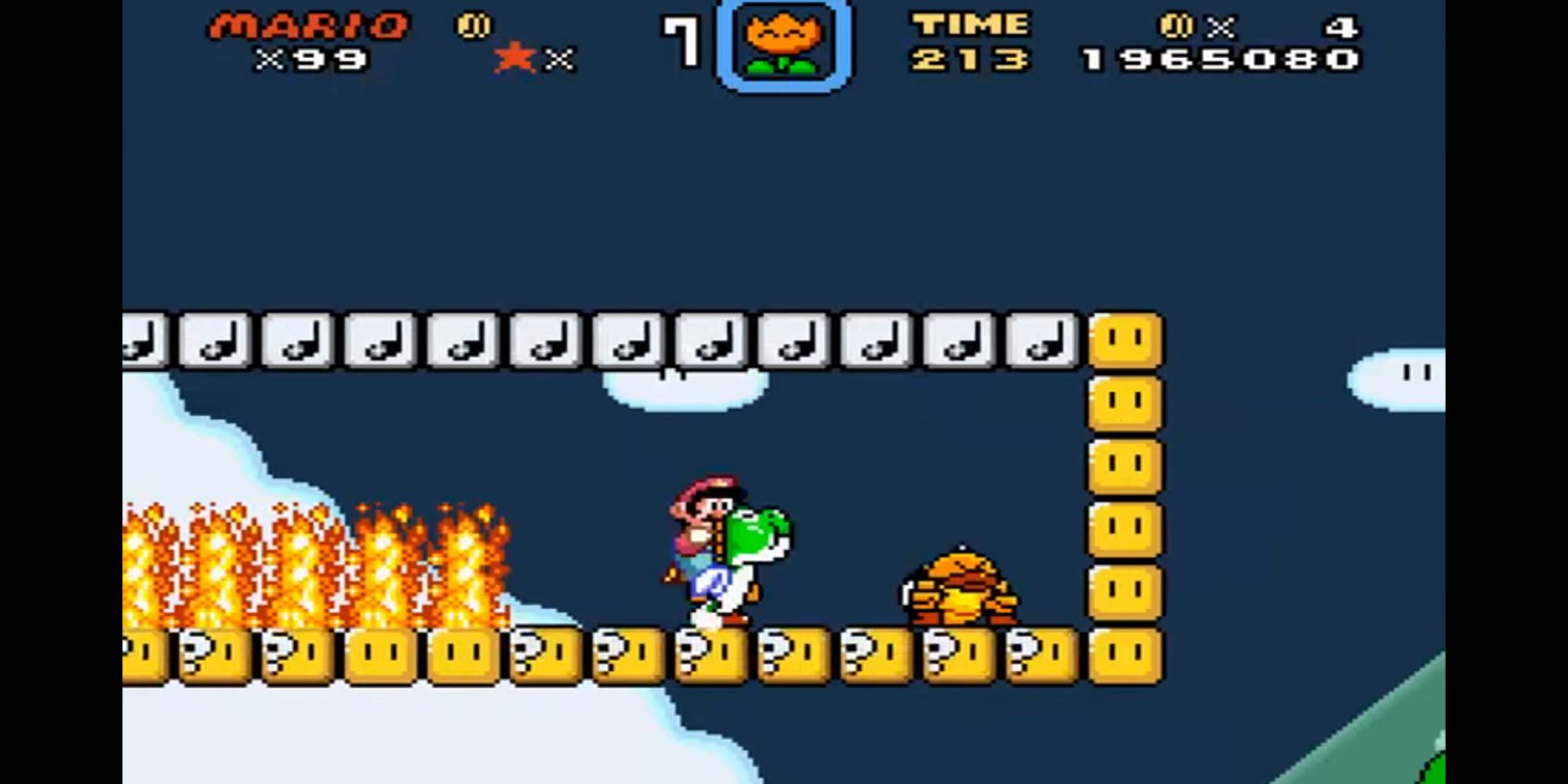 Super Mario World Mario und Yoshi stehen einem Sumo-Bro mit Feuersäulen im Rücken gegenüber