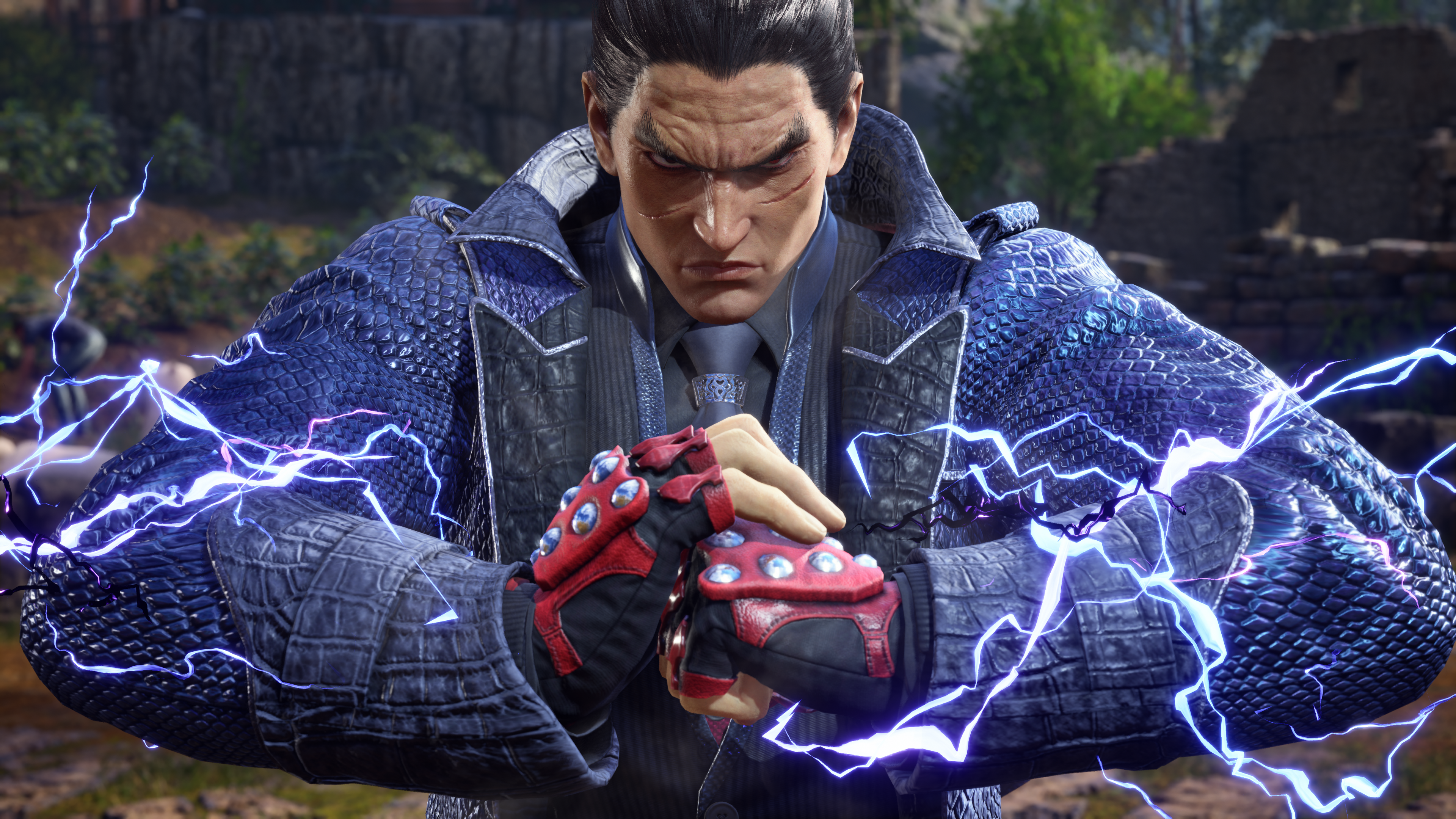 Kazuya Mishima generating dark purple and blue lightning around his fists in Tekken 8