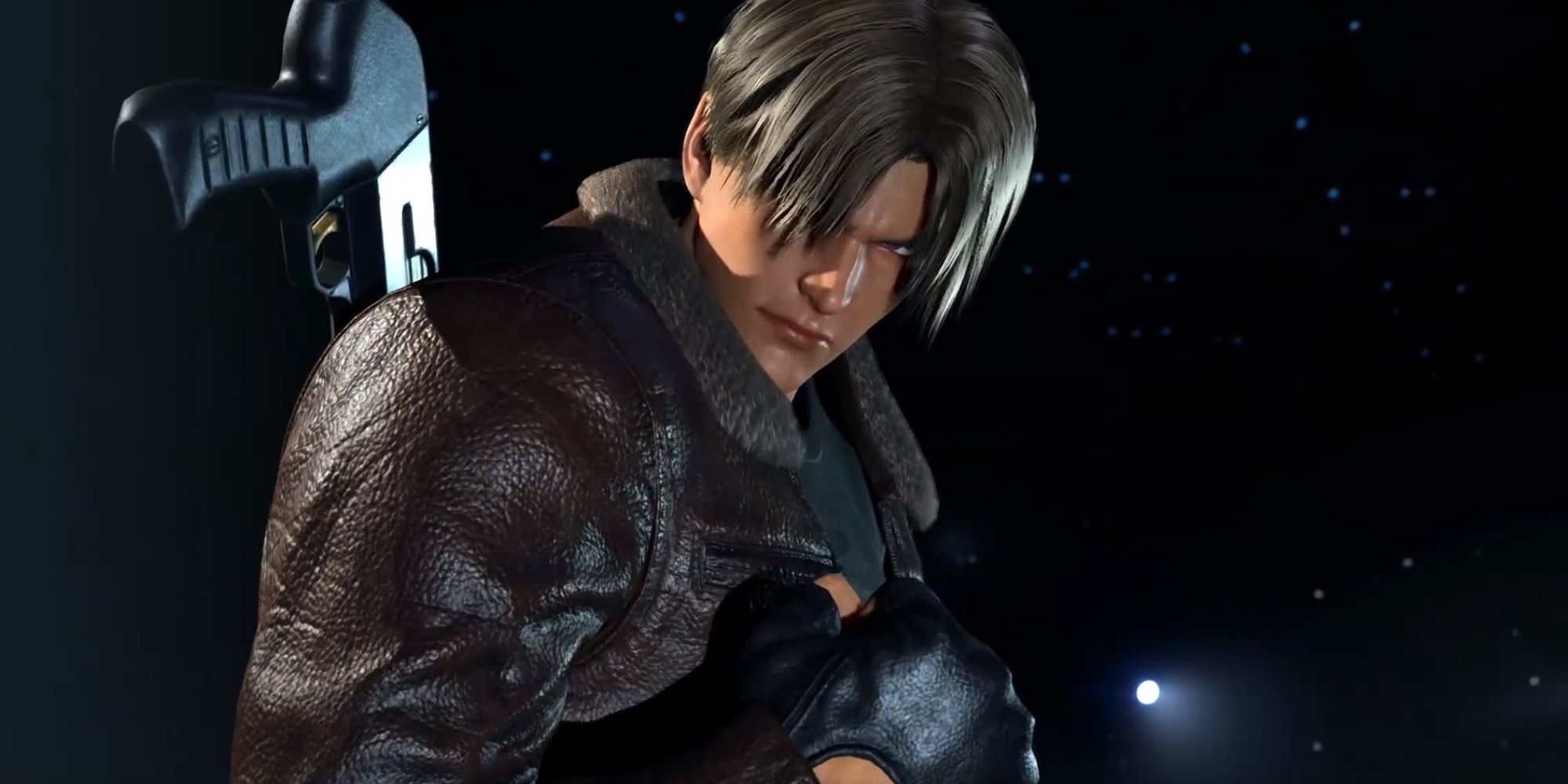 Leon Kennedy from Resident Evil recreated in Tekken 8. He is wearing a brown leather jacket, black fingerless gloves, and has a gun on his back