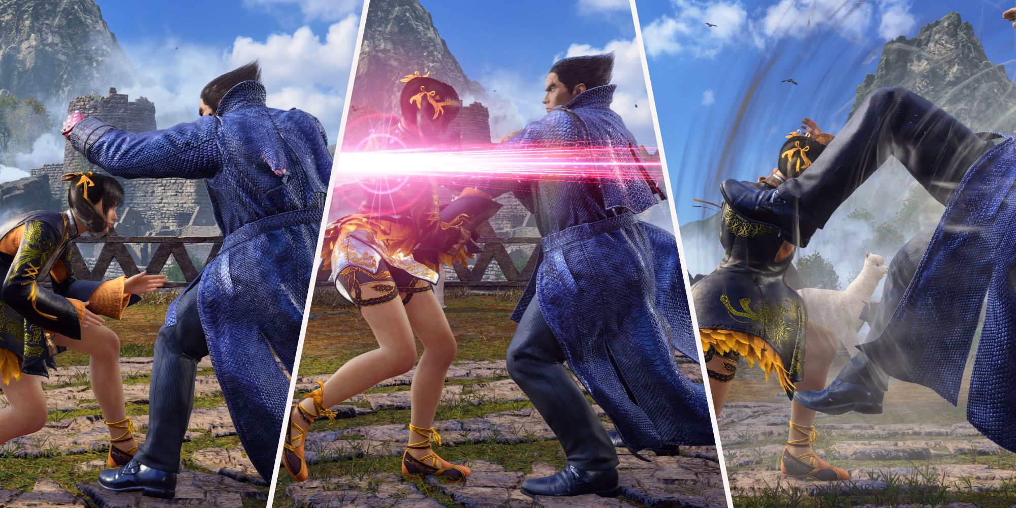 A collage of images of Xiaoyu fighting Kazuya in Tekken 8