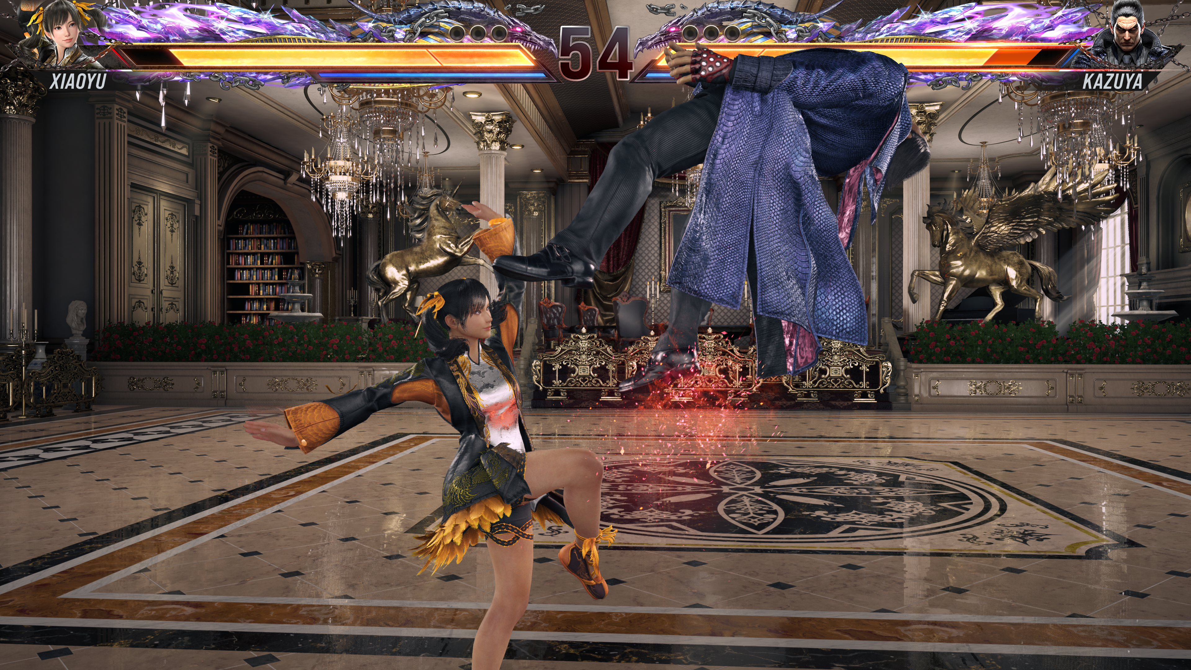 Xiaoyu launching Kazuma with her Cross Lifting Palms attack in Tekken 8