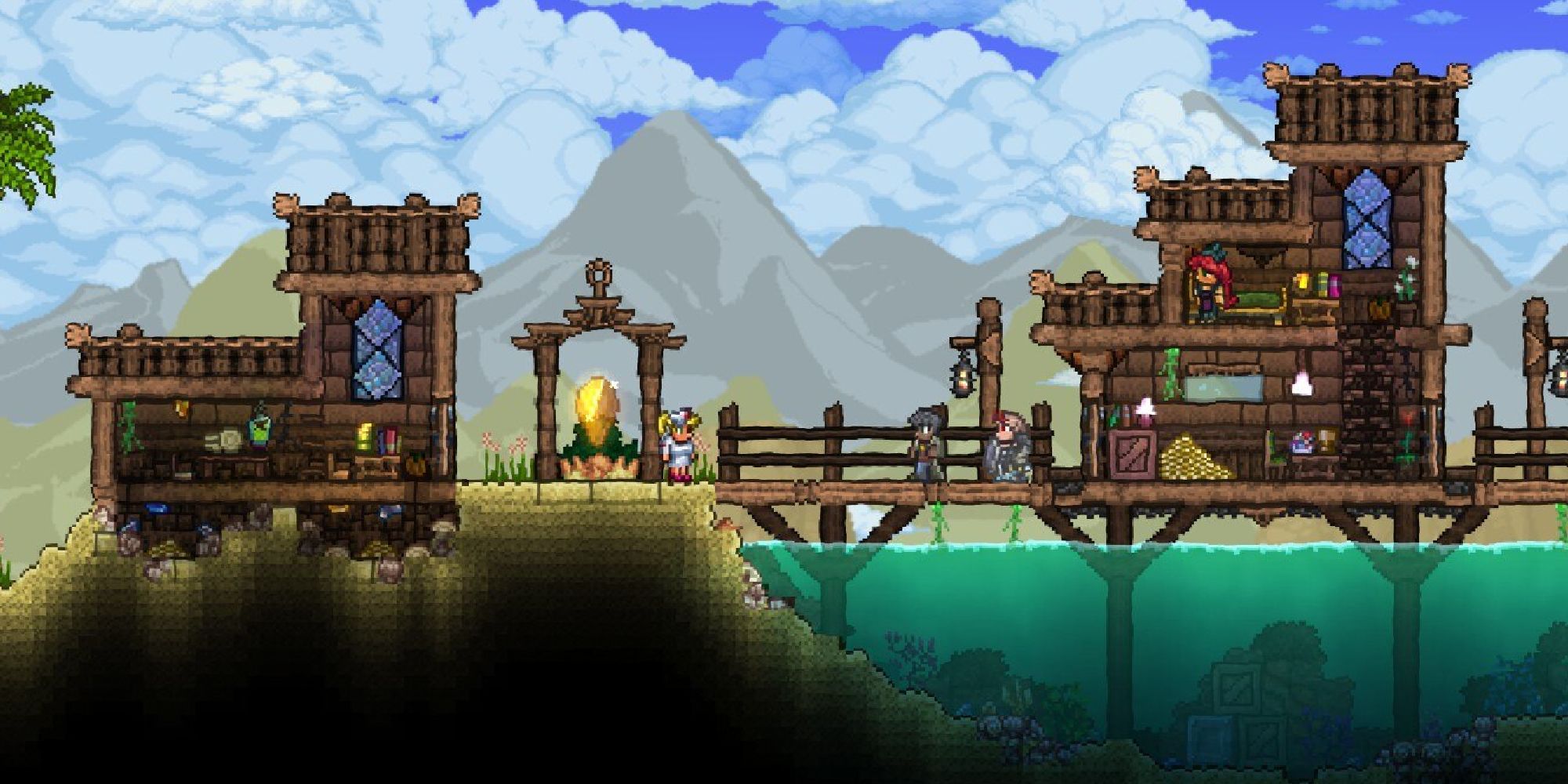 terraia player-made house with NPCs and a pylon