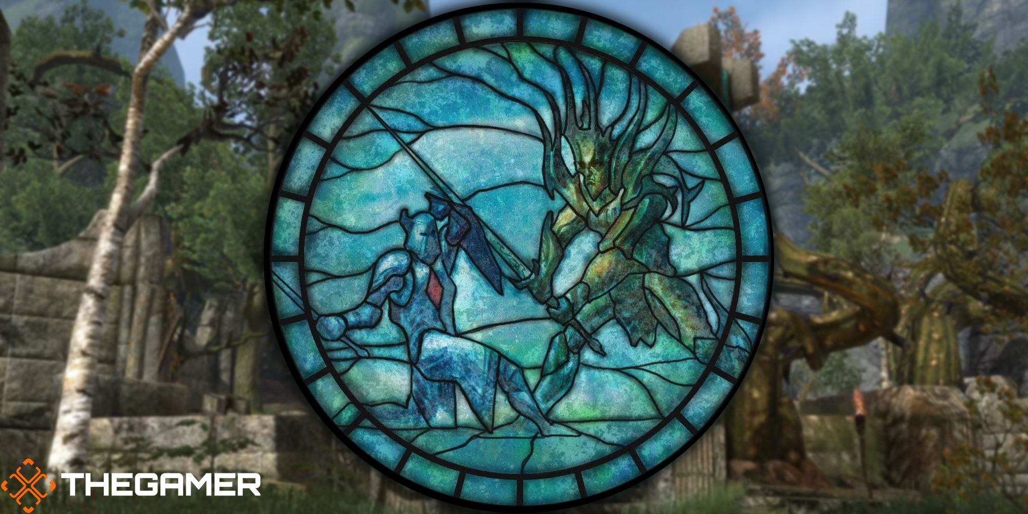 The Elder Scrolls Online stained glass of Pelinal and Umaril over the forest featuring Ayleid Ruins